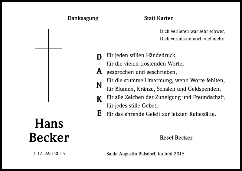  Traueranzeige für Hans Becker vom 20.06.2015 aus Kölner Stadt-Anzeiger / Kölnische Rundschau / Express