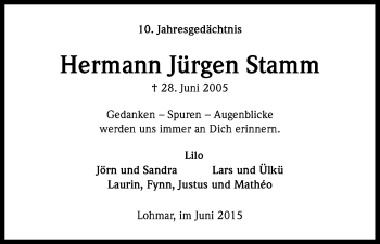 Anzeige von Hermann Jürgen Stamm von Kölner Stadt-Anzeiger / Kölnische Rundschau / Express