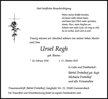 Anzeige von Ursel Regh von Kölner Stadt-Anzeiger / Kölnische Rundschau / Express