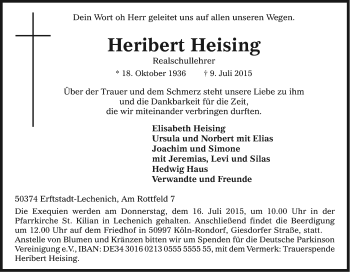 Anzeige von Heribert Heising von Kölner Stadt-Anzeiger / Kölnische Rundschau / Express