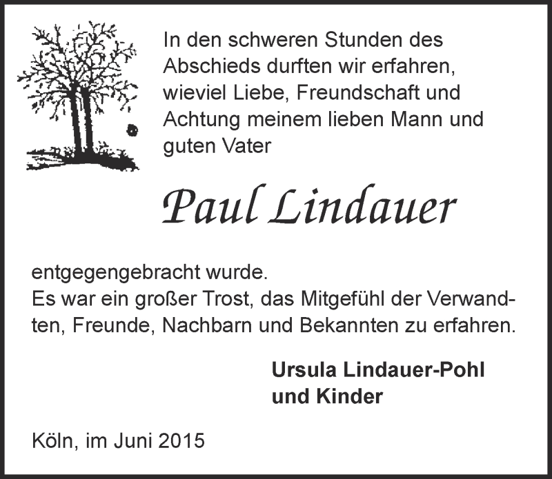  Traueranzeige für Paul Lindauer vom 03.06.2015 aus  Kölner Wochenspiegel 