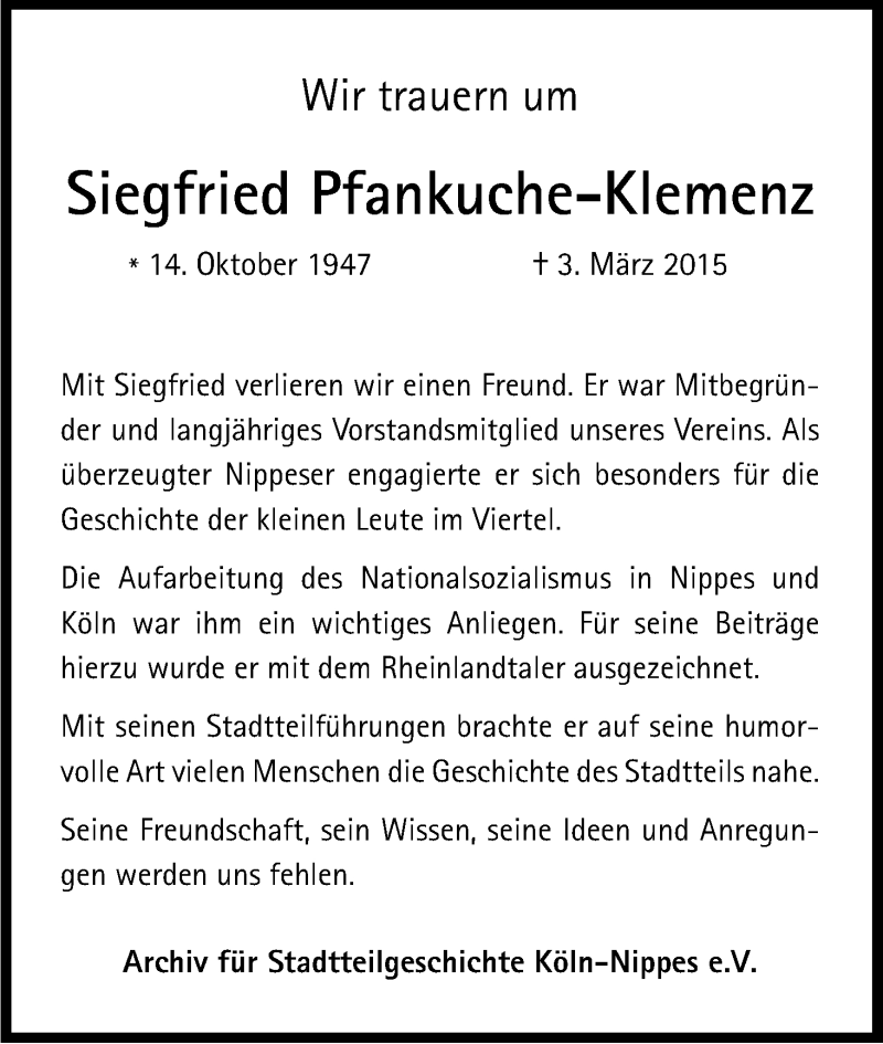 Traueranzeige für Siegfried Pfankuche-Klemenz vom 11.03.2015 aus Kölner Stadt-Anzeiger / Kölnische Rundschau / Express