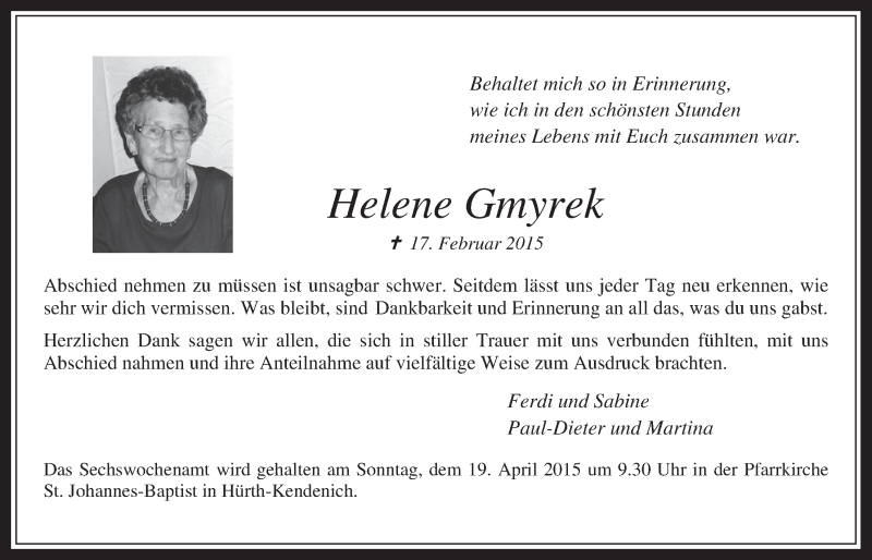  Traueranzeige für Helene Gmyrek vom 08.04.2015 aus  Wochenende 