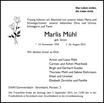Anzeige von Marlis Mühl von Kölner Stadt-Anzeiger / Kölnische Rundschau / Express