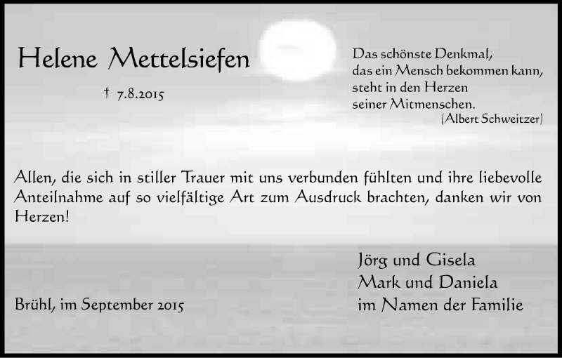  Traueranzeige für Helene Mettelsiefen vom 19.09.2015 aus Kölner Stadt-Anzeiger / Kölnische Rundschau / Express