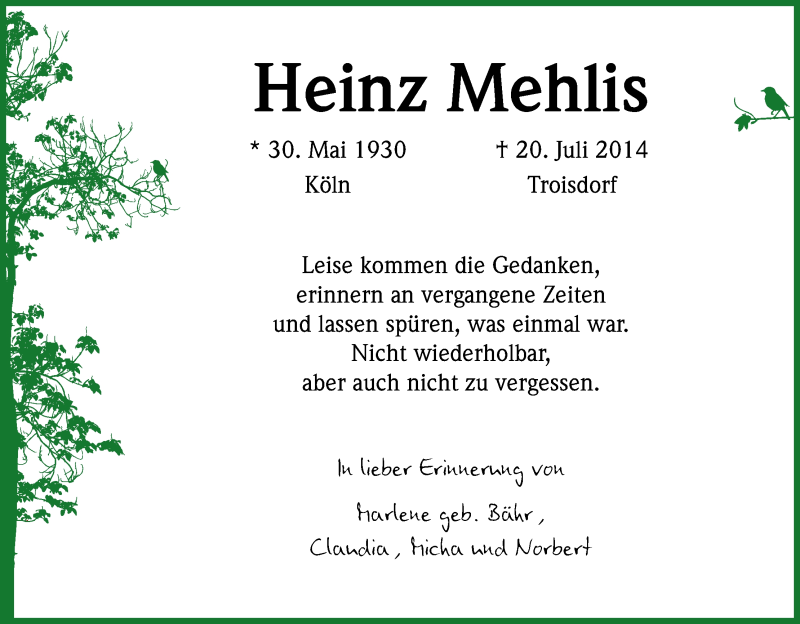  Traueranzeige für Heinz Mehlis vom 18.07.2015 aus Kölner Stadt-Anzeiger / Kölnische Rundschau / Express