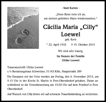 Anzeige von Cäcilia Maria Loewel von Kölner Stadt-Anzeiger / Kölnische Rundschau / Express