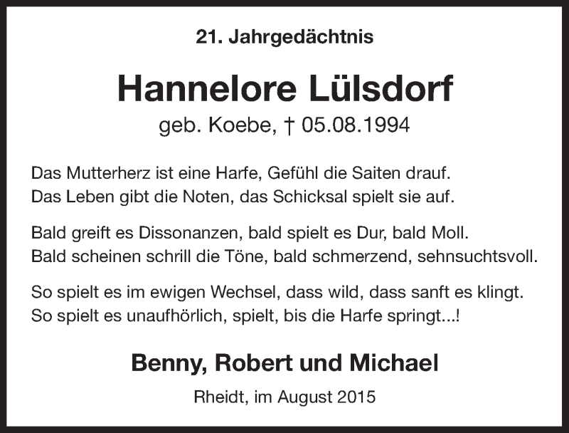  Traueranzeige für Hannelore Lülsdorf vom 05.08.2015 aus  Extra Blatt 