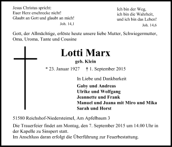 Anzeige von Lotti Marx von Kölner Stadt-Anzeiger / Kölnische Rundschau / Express
