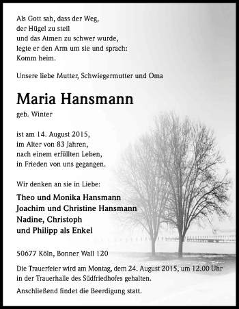 Anzeige von Maria Hansmann von Kölner Stadt-Anzeiger / Kölnische Rundschau / Express