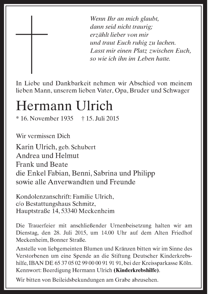  Traueranzeige für Hermann Ulrich vom 22.07.2015 aus  Schaufenster/Blickpunkt 
