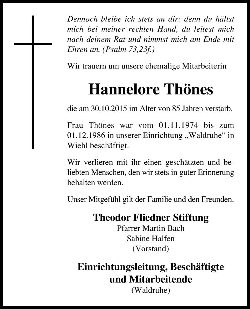  Traueranzeige für Hannelore Thönes vom 19.11.2015 aus Kölner Stadt-Anzeiger / Kölnische Rundschau / Express