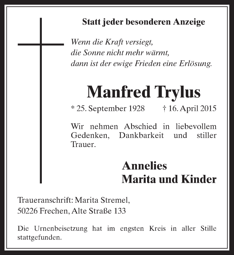  Traueranzeige für Manfred Trylus vom 29.04.2015 aus  Wochenende 