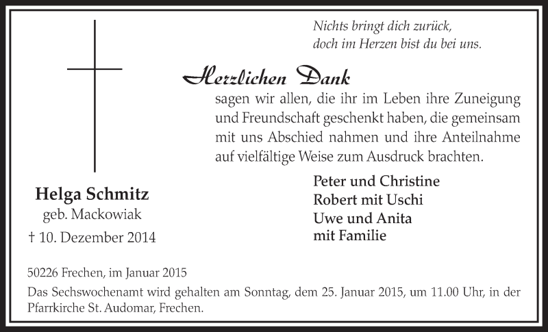 Traueranzeige für Helga Schmitz vom 17.01.2015 aus  Sonntags-Post 
