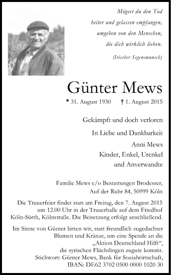 Anzeige von Günter Mews von Kölner Stadt-Anzeiger / Kölnische Rundschau / Express