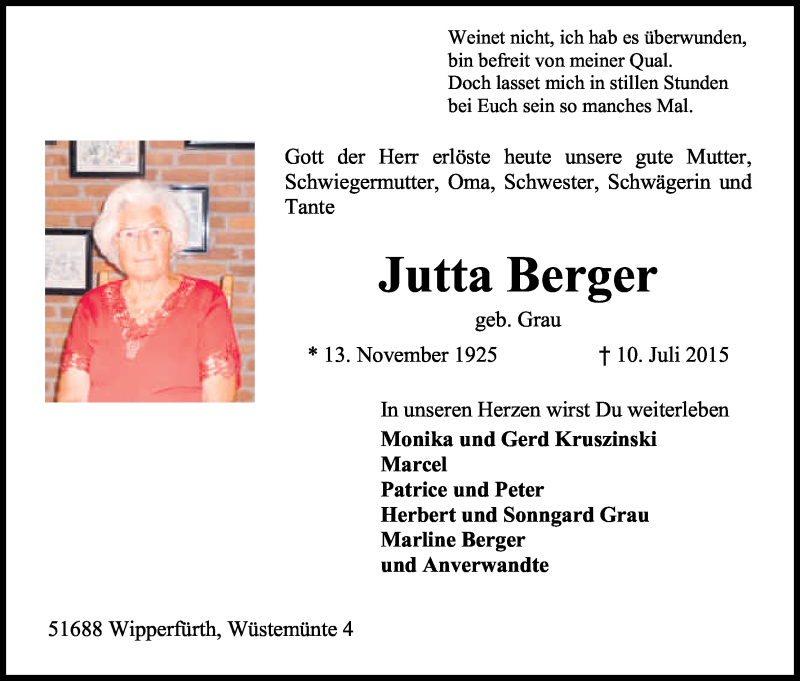  Traueranzeige für Jutta Berger vom 18.07.2015 aus Kölner Stadt-Anzeiger / Kölnische Rundschau / Express