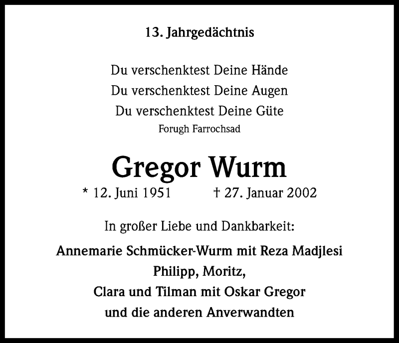 Traueranzeige für Gregor Wurm vom 24.01.2015 aus Kölner Stadt-Anzeiger / Kölnische Rundschau / Express