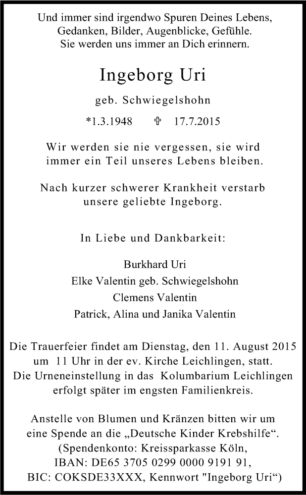  Traueranzeige für Ingeborg Uri vom 08.08.2015 aus Kölner Stadt-Anzeiger / Kölnische Rundschau / Express