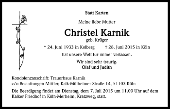 Anzeige von Christel Karnik von Kölner Stadt-Anzeiger / Kölnische Rundschau / Express