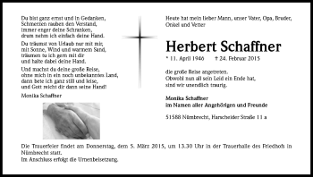 Anzeige von Herbert Schaffner von Kölner Stadt-Anzeiger / Kölnische Rundschau / Express
