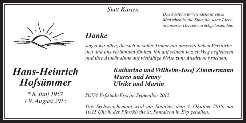  Traueranzeige für Hans-Heinrich Hofsümmer vom 23.09.2015 aus  Werbepost 