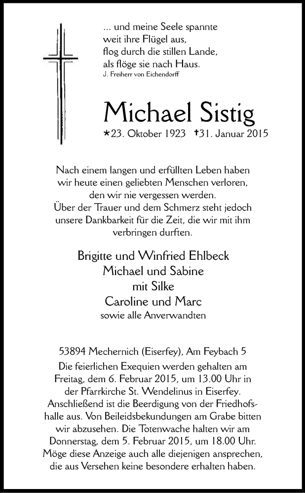  Traueranzeige für Michael Sistig vom 04.02.2015 aus Kölner Stadt-Anzeiger / Kölnische Rundschau / Express