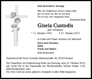 Anzeige von Gisela Custodis von Kölner Stadt-Anzeiger / Kölnische Rundschau / Express