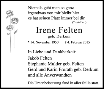 Anzeige von Irene Felten von Kölner Stadt-Anzeiger / Kölnische Rundschau / Express