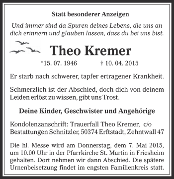 Anzeige von Theo Kremer von  Werbepost 