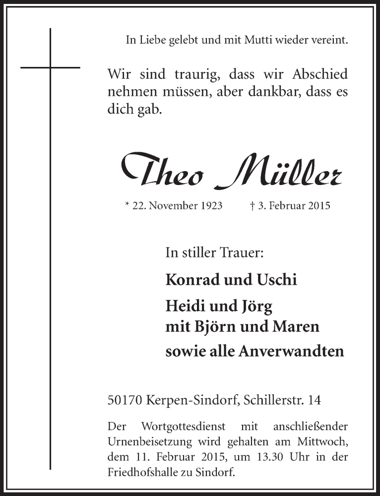  Traueranzeige für Theo Müller vom 07.02.2015 aus  Sonntags-Post 
