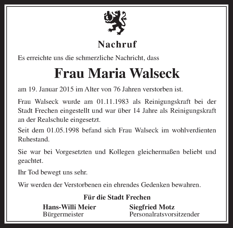  Traueranzeige für Maria Walseck vom 25.02.2015 aus  Wochenende 