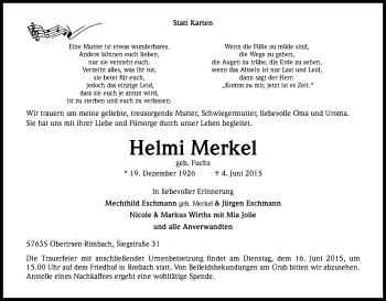 Anzeige von Helmi Merkel von Kölner Stadt-Anzeiger / Kölnische Rundschau / Express