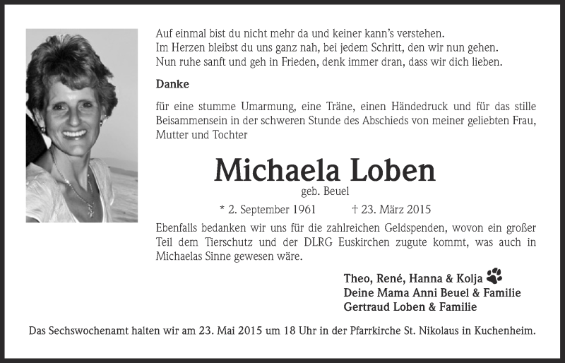  Traueranzeige für Michaela Loben vom 17.05.2015 aus  Blickpunkt Euskirchen 