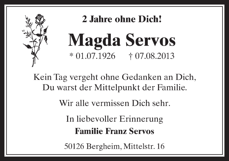  Traueranzeige für Magda Servos vom 05.08.2015 aus  Werbepost 