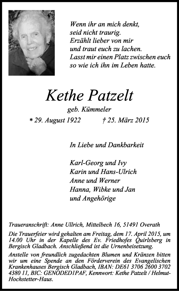 Anzeige Von Kethe Patzelt Wirtrauern