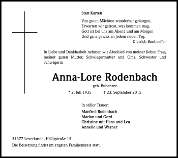 Anzeige von Anna-Lore Rodenbach von Kölner Stadt-Anzeiger / Kölnische Rundschau / Express