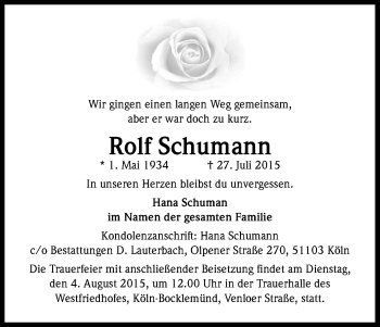 Anzeige von Rolf Schumann von Kölner Stadt-Anzeiger / Kölnische Rundschau / Express
