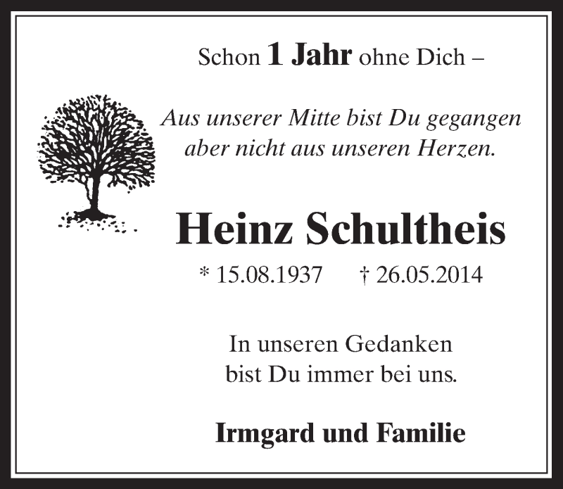  Traueranzeige für Heinz Schultheis vom 23.05.2015 aus  Sonntags-Post 