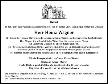 Anzeige von Heinz Wagner von Kölner Stadt-Anzeiger / Kölnische Rundschau / Express