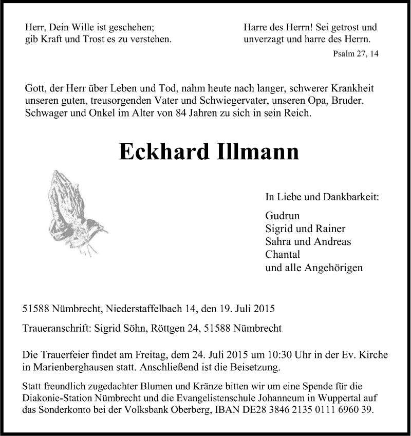  Traueranzeige für Eckhard Illmann vom 21.07.2015 aus Kölner Stadt-Anzeiger / Kölnische Rundschau / Express