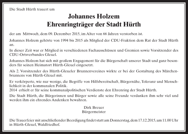  Traueranzeige für Johannes Holzem vom 16.12.2015 aus  Wochenende 