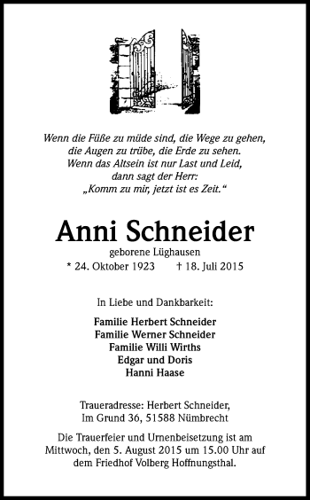 Anzeige von Anni Schneider von Kölner Stadt-Anzeiger / Kölnische Rundschau / Express