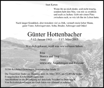Anzeige von Günter Hottenbacher von Kölner Stadt-Anzeiger / Kölnische Rundschau / Express