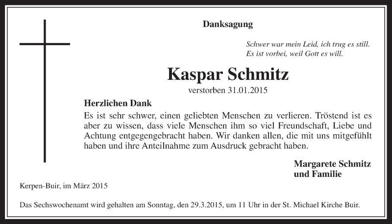  Traueranzeige für Kaspar Schmitz vom 18.03.2015 aus  Werbepost 