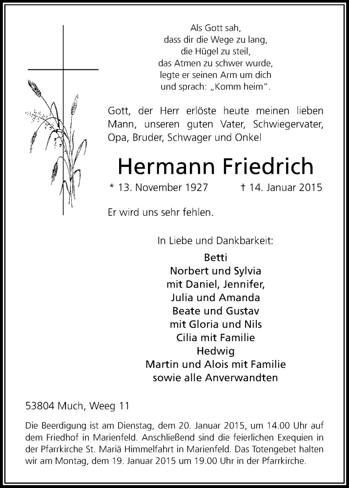  Traueranzeige für Hermann Friedrich vom 17.01.2015 aus Kölner Stadt-Anzeiger / Kölnische Rundschau / Express