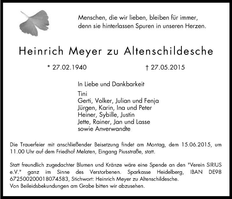  Traueranzeige für Heinrich Meyer zu Altenschildesche vom 06.06.2015 aus Kölner Stadt-Anzeiger / Kölnische Rundschau / Express