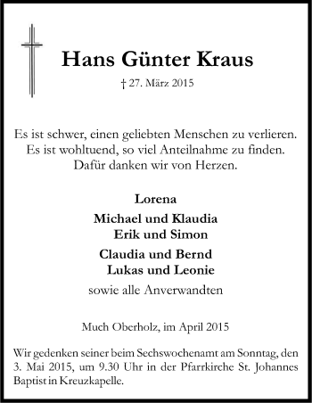 Anzeige von Hans Günter Kraus von Kölner Stadt-Anzeiger / Kölnische Rundschau / Express