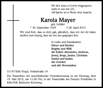 Anzeige von Karola Mayer von Kölner Stadt-Anzeiger / Kölnische Rundschau / Express