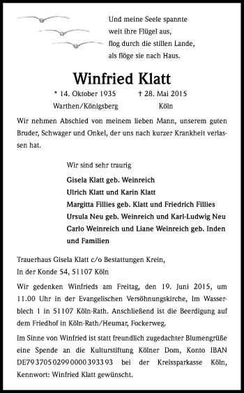 Anzeige von Winfried Klatt von Kölner Stadt-Anzeiger / Kölnische Rundschau / Express