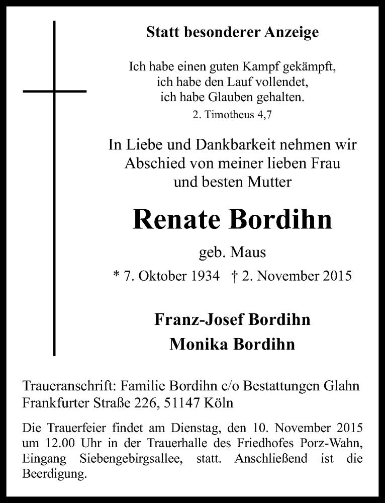  Traueranzeige für Renate Bordihn vom 04.11.2015 aus  Kölner Wochenspiegel 